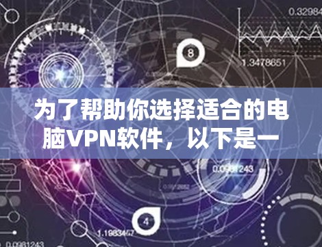 为了帮助你选择适合的电脑VPN软件，以下是一些综合性的推荐和建议，根据不同的需求进行权衡